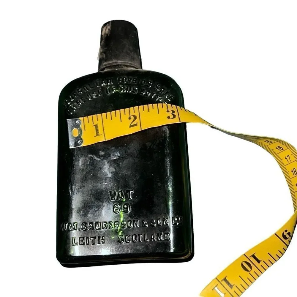 Antique Leith Scotland Black Glass Sanderson & Son Liquor Bottle Size 7” x 3.5”